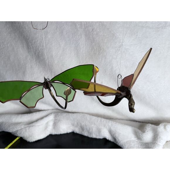 Pair Solid Brass Dragon Fire Stained Colored Glass Red Green Sun catchers 8" - Picture 7 of 16